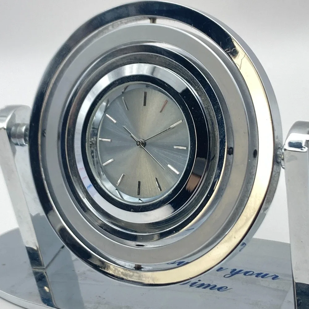 Modern Desk Clock Service Gift Silver Tone Matte Polished New Battery Works